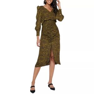 Anthropology x Moon River Animal Print Olive Green/Dark Brown Long Sleeve Dress